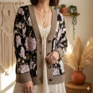 Gemma + Jane Oversize Floral Jacquard Cardigan Size Small Lavender Multi